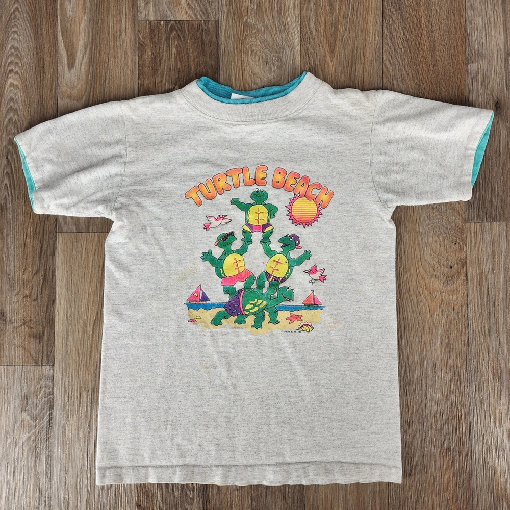 Vintage 1991 Diport USA Turtle Beach Kids T-Shirt Gray Teal Single Stitch 6/8‎